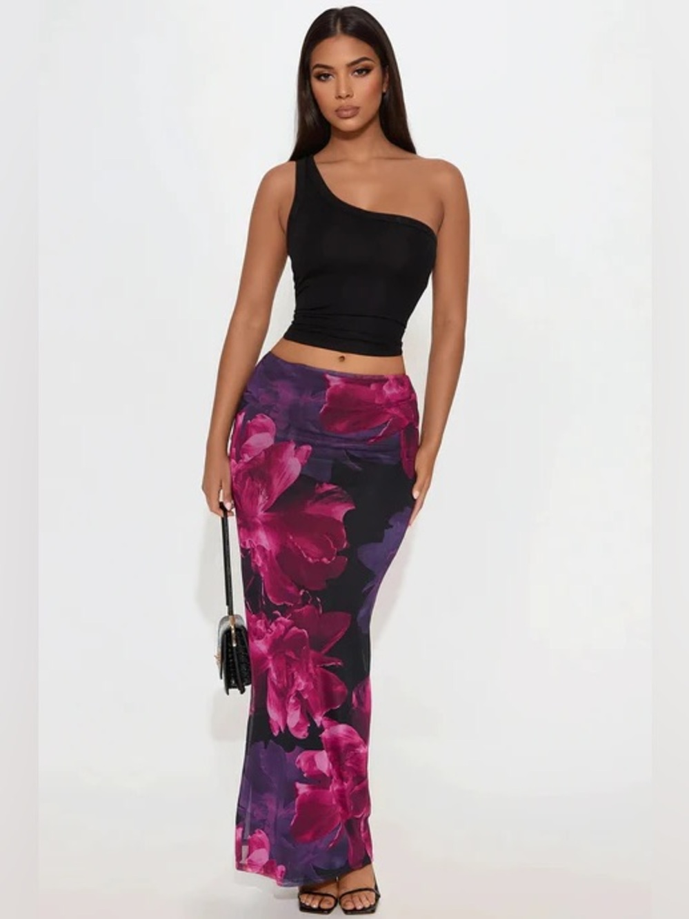 Fashion Nova Midnight Bloom Mesh Maxi Skirt Purple Combo